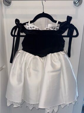 Petite Maison Black & White Satin Party Dress with Lace Trim